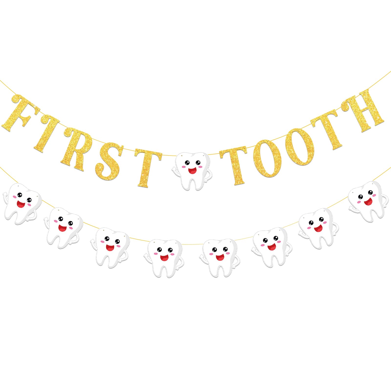 First Tooth Banner Decorations, Gold Glitter Letter Garland with Tooth
