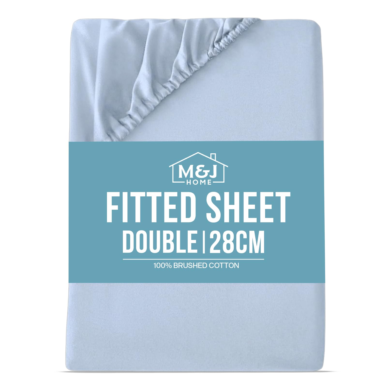 M&J Home Double Bed Fitted Sheet Light Blue - 28cm Pocket Depth - 100% Brushed Cotton - 140g Fabric Weight - Thermal Comfort - Machine Washable - OEKO-TEX Certified
