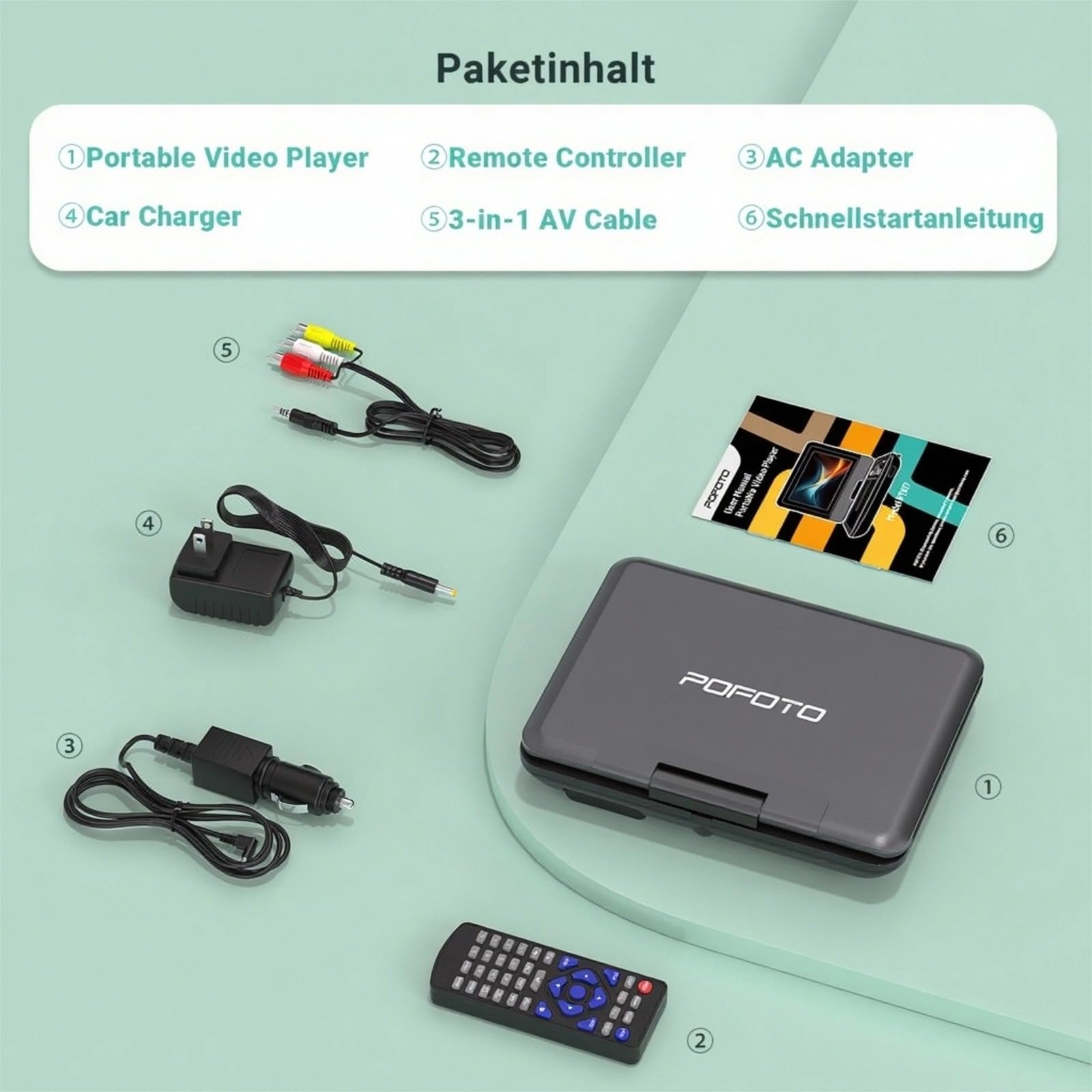 POFOTO 9,5" Tragbarer DVD Player mit 7,5" HD-Schwenkbaren Bildschirm, 4-6 Stunden Akkulaufzeit, DVD Player Auto mit Dual-Lautsprechern, Autoladegerät, Netzteil, Sync TV/USB/SD-Karte (Grau-schwarz)