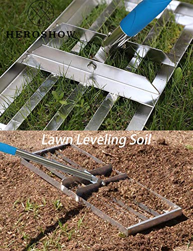 HeroShow Lawn Leveling Rake- 6FT Stainless Steel Pole- Level Soil with 17” x 10” Heavy Duty Soil Lawn Leveler Tool for House Garden Yard Golf