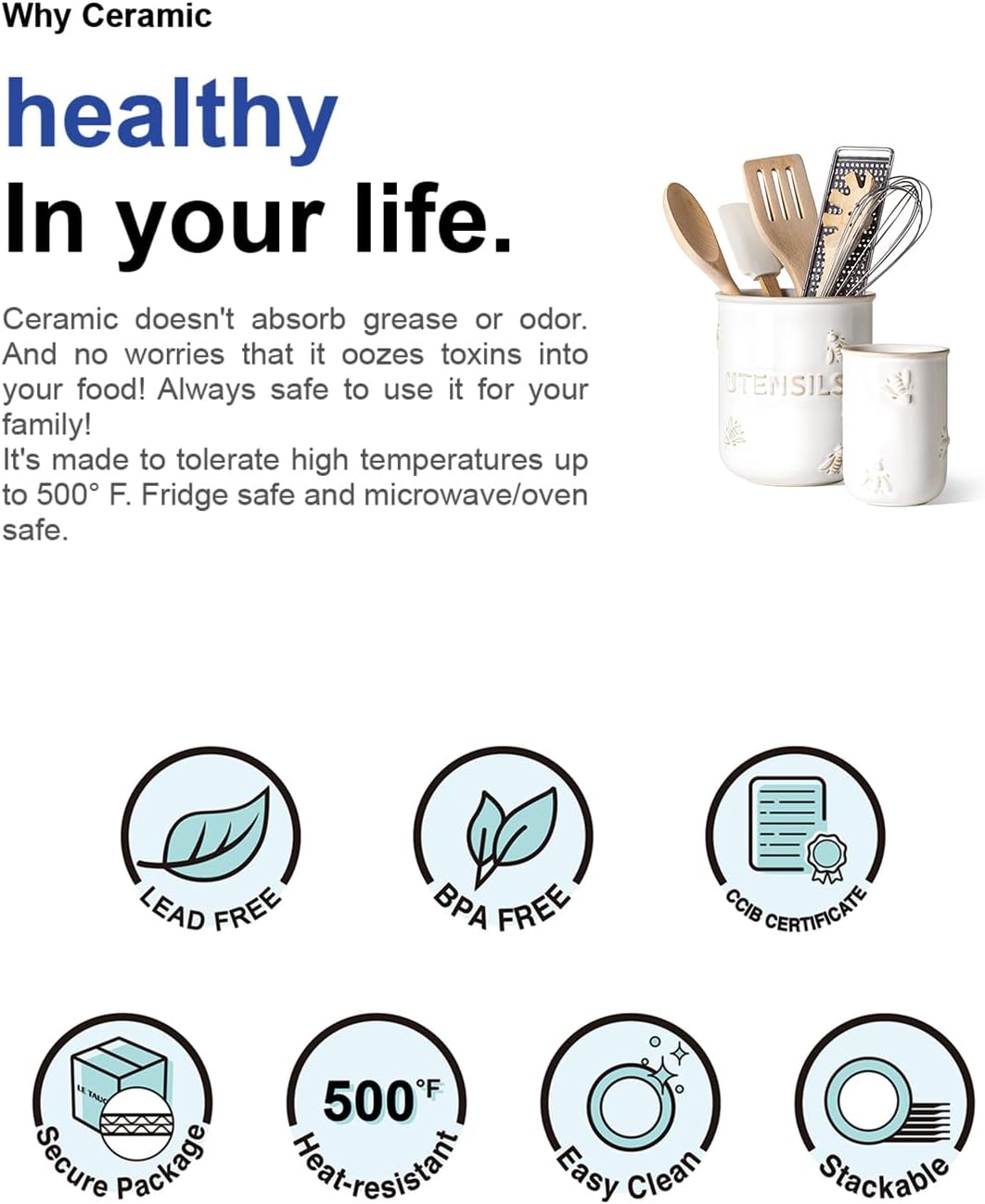 LE TAUCI Utensil Holder for Kitchen Counter - 6.9"+5.3" Ceramic Kitchen Utensil Holder Set of 2, Large Cooking Utensil Crock & Organizer for Spatula, Spoon - Embossed Kitchen Decor, White,Bee - Image 8