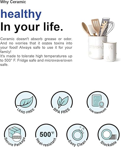 Miniatura 8 de LE TAUCI Soporte para utensilios, de cerámica de 6.9 + 5.3 pulgadas para encimera, organizador de utensilios de cocina en relieve para espátula y
