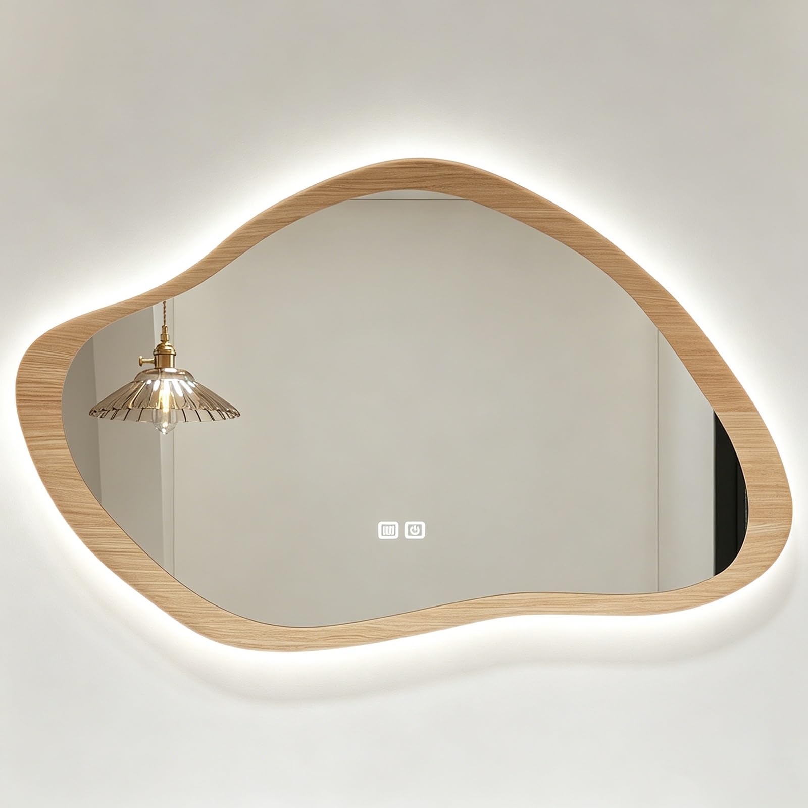 EYTVYUWPT Irregular LED Bathroom Mirror with 3 Color Lights, Anti‑Fog, Wood Frame(Natural,50x70cm/19.7x27.6in)