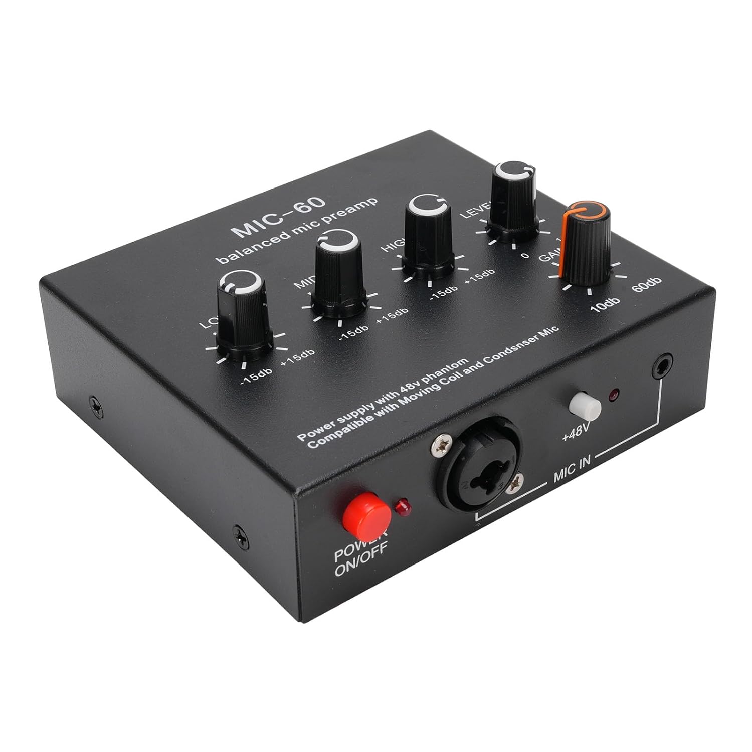 Microphone Preamp Mic Gain Booster 48V Power Supply Mic Pre Amp for Dynamic Condenser XLR 3.5mm 6.35mm Inputs Outputs (with XLR Cable)