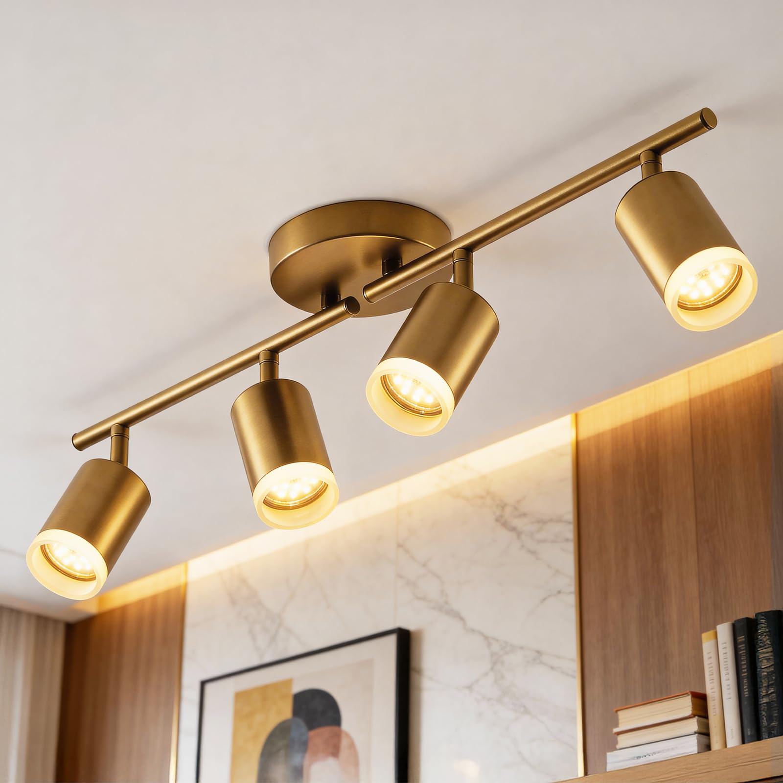 Bojim Track Lighting Fixtures Ceiling Mount for Kitchen, Gold 4 Way LED Spot Lights Indoor, Flexible Modern Track Light GU10 Socket for Dining Room, Bulbs Not Included