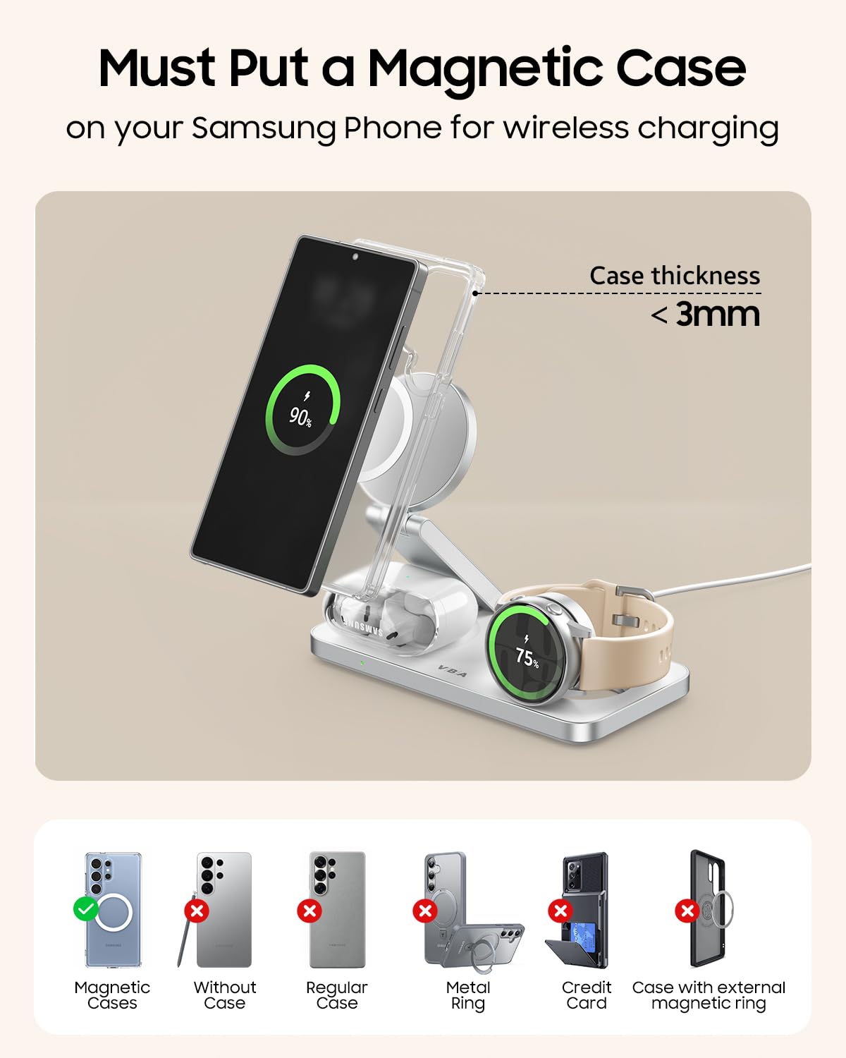 Caricabatterie wireless magnetico 3 in 1 per Samsung Galaxy, stazione di ricarica rapida pieghevole per MagSafe Samsung Galaxy S26 Ultra S25 S24 Z Fold Flip 8 Watch 8 7 Buds 4 3 Pro, non per Samsung
