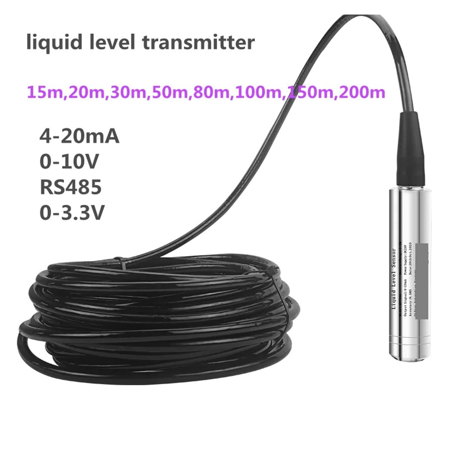 Czujnik poziomu wody 15-100 m, przetwornik poziomu cieczy RS485 4-20 mA do zbiornika 0-10 V Solidna ochrona(30m range 30m cable,RS485)