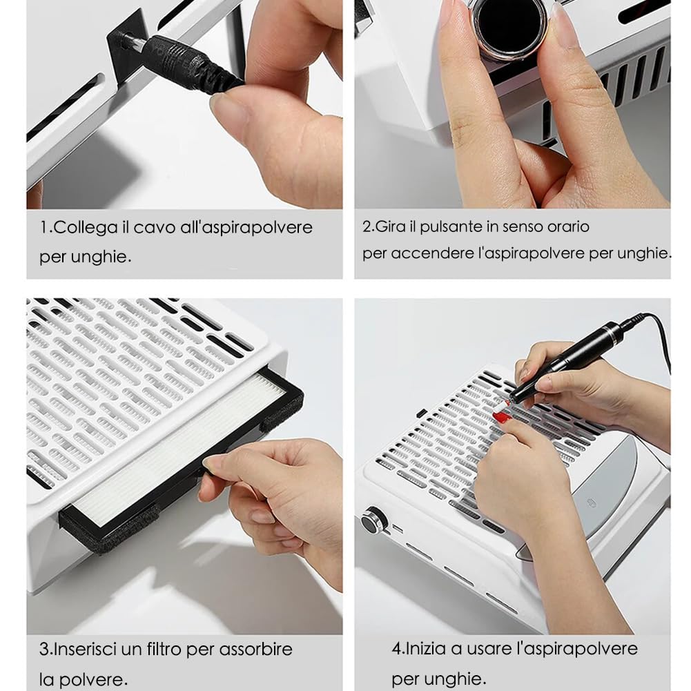 Aspirapolvere per Unghie da 80W, aspiratore unghie professionale con Velocità Regolabile, Filtro Riutilizzabile e USB per Ricarica Smartphone (Bianco)