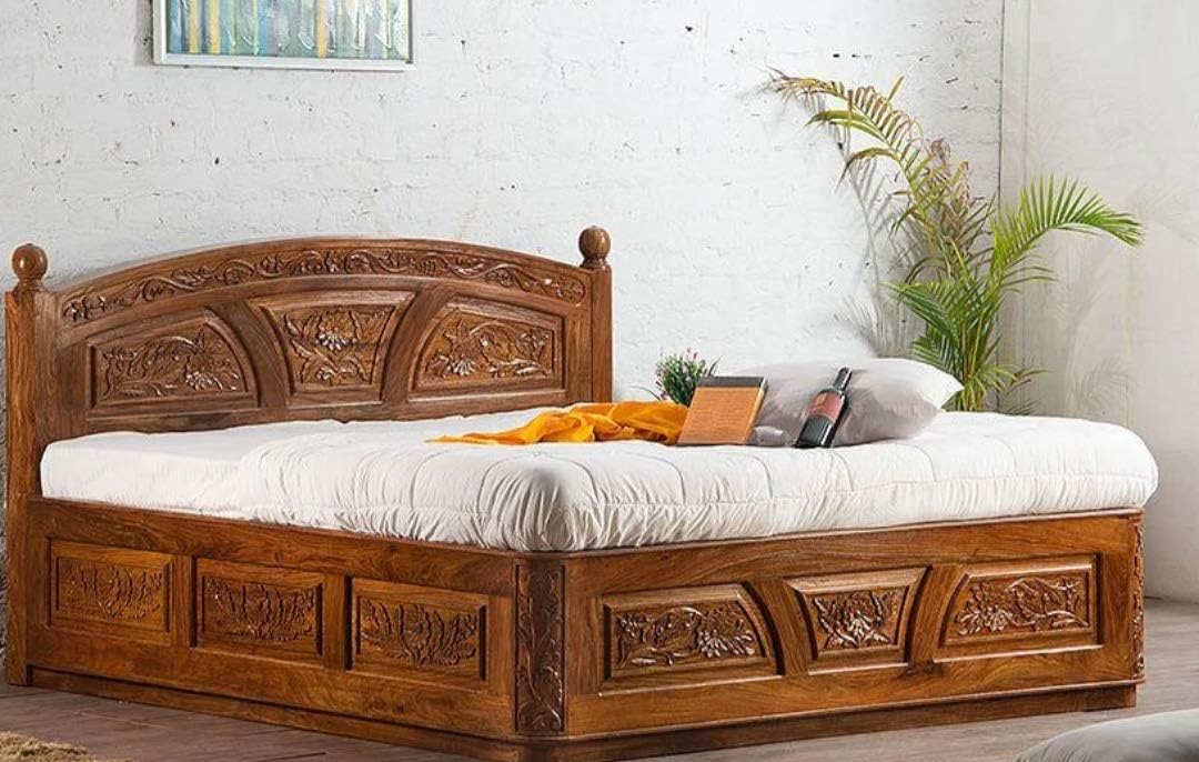 King Size Bed with Storage | 100% Solid Sheesham Wood | Traditional Carved Design | Honey Finish | 6x5 Feet Wooden Bed for Bedroom
