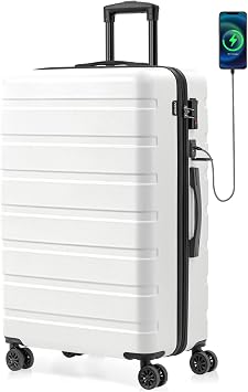 AnyZip Suitcase Hardside PC ABS Lightweight USB Luggage with Wheels TSA Lock Checked-Large 28 Inch White