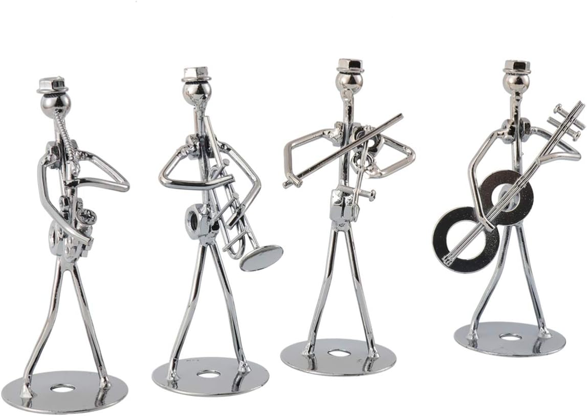 BESPORTBLE Marching Band Gifts 4Pcs Music Man Statue Metal Musician Orchestra Set Guitar Trombone Saxophone Player Model Desktop Ornament for Home Office