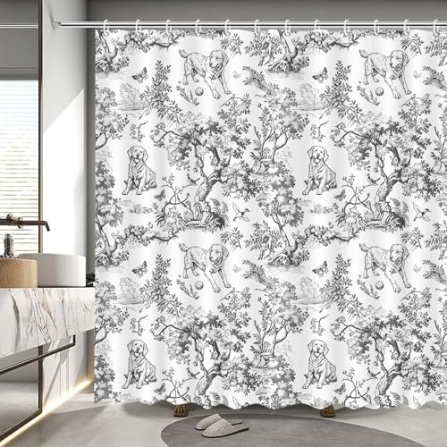 MEHOFOND Rideau de douche en toile de Jouy – Rideau de douche en tissu imperméable avec 12 crochets – Motif chien vintage gris – 183 x 183 cm