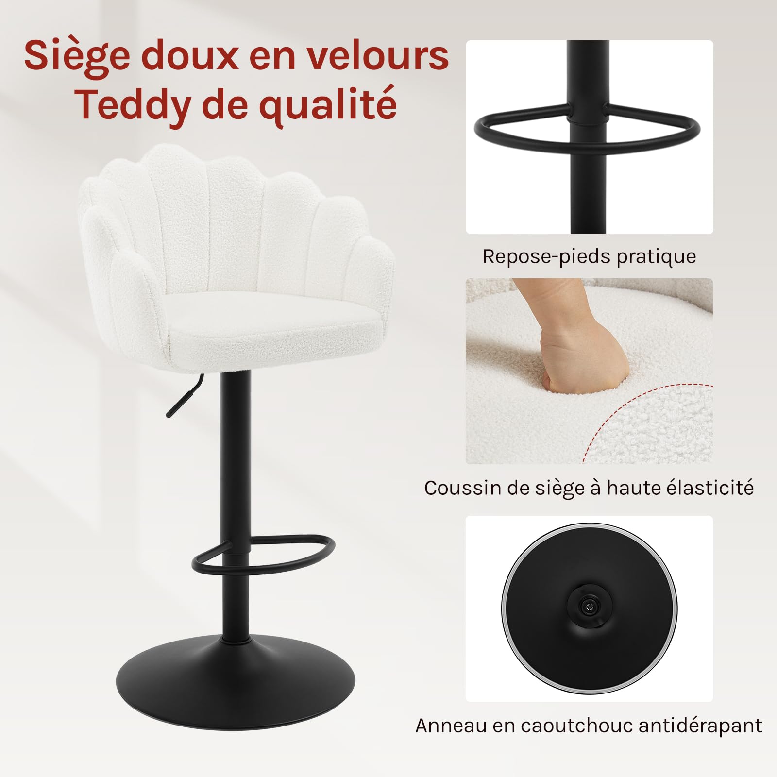 WOLTU Tabourets Bar, Lot de 2, Chaise Haute Bar, Réglable en Hauteur, Dossier en Forme de Pétale, Assise Pivotante en Velours Teddy, avec Repose-Pieds et Cadre en Métal, Beige