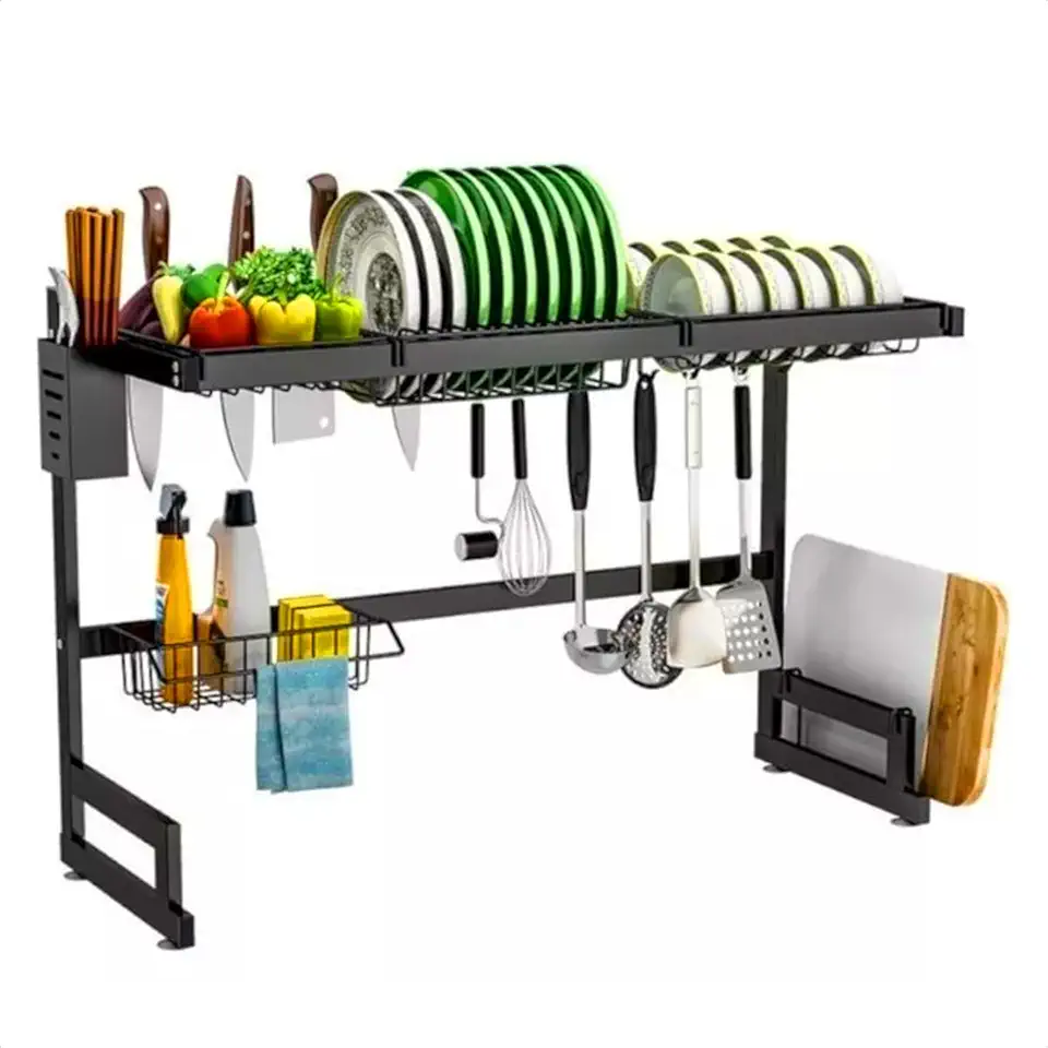 Escorredor De Louças Rack Suspenso Em Aço Inox Organizador Pia De Cozinha Montável Autossustentável Barra Modular 65Cm Para Pratos Talheres Tábuas Na Cor Preta