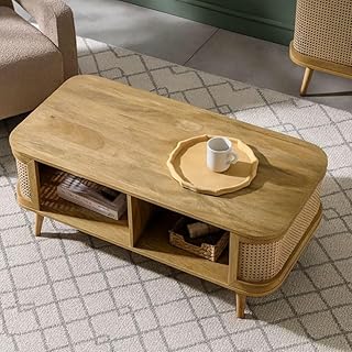 SMAART CRAAFTS Chuck Rattan Centre Table | Designer Cane Oval Shape Coffee Table | Pure Mango Wood, Natural Matt Finish | ...