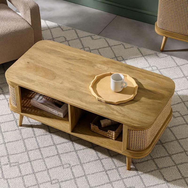 Image of Chuck Rattan Centre Table for Living Room | Designer Oval Coffee Table with Natural Cane | Solid Mango Wood | Natural Matt Finish | Modern Tea Table for Home & Office