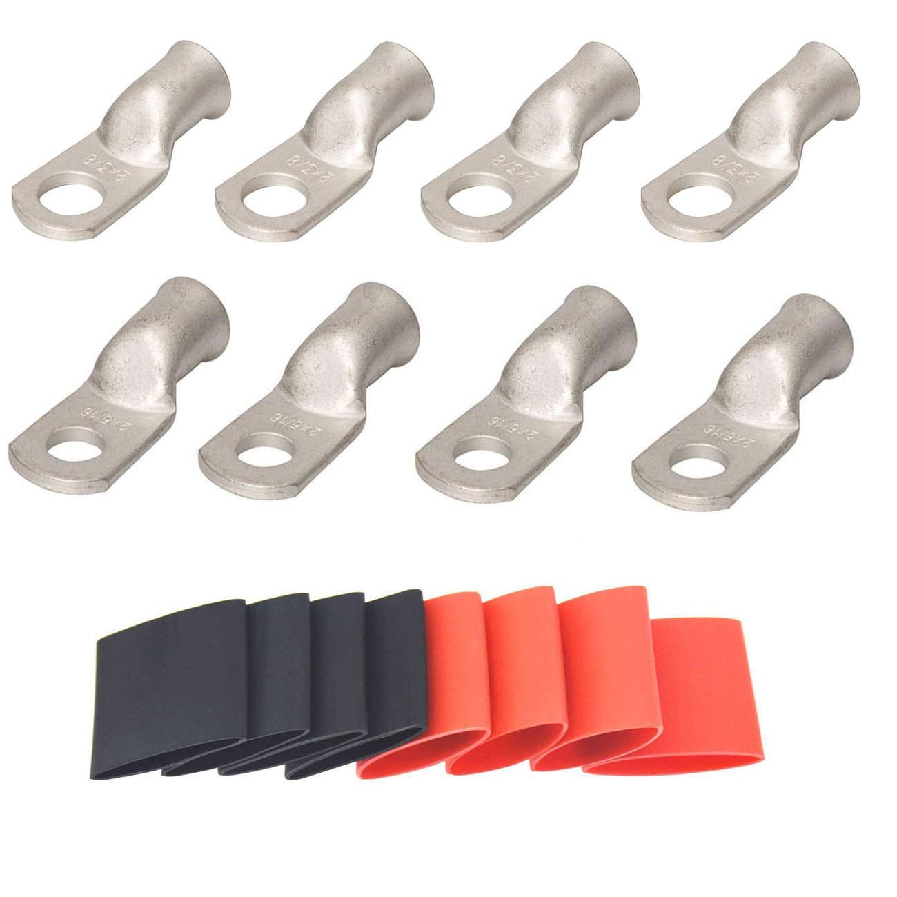 2 AWG Tinned Copper Ring Terminals, 4 Pack 3/8" and 4 Pack 5/16" | Heavy-Duty Tinned Copper Lugs with Heat Shrink Tubes for Marine, Battery and DC Power Connections
