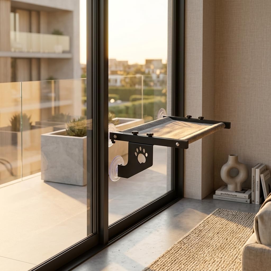 Cat Window Perch with Padded Cushion, Black Metal Frame with Paw Print Design, Suction Cup Mount or Easy to Adjust Cat Bed for Windowsill, Bedside, Drawer and Cabinet