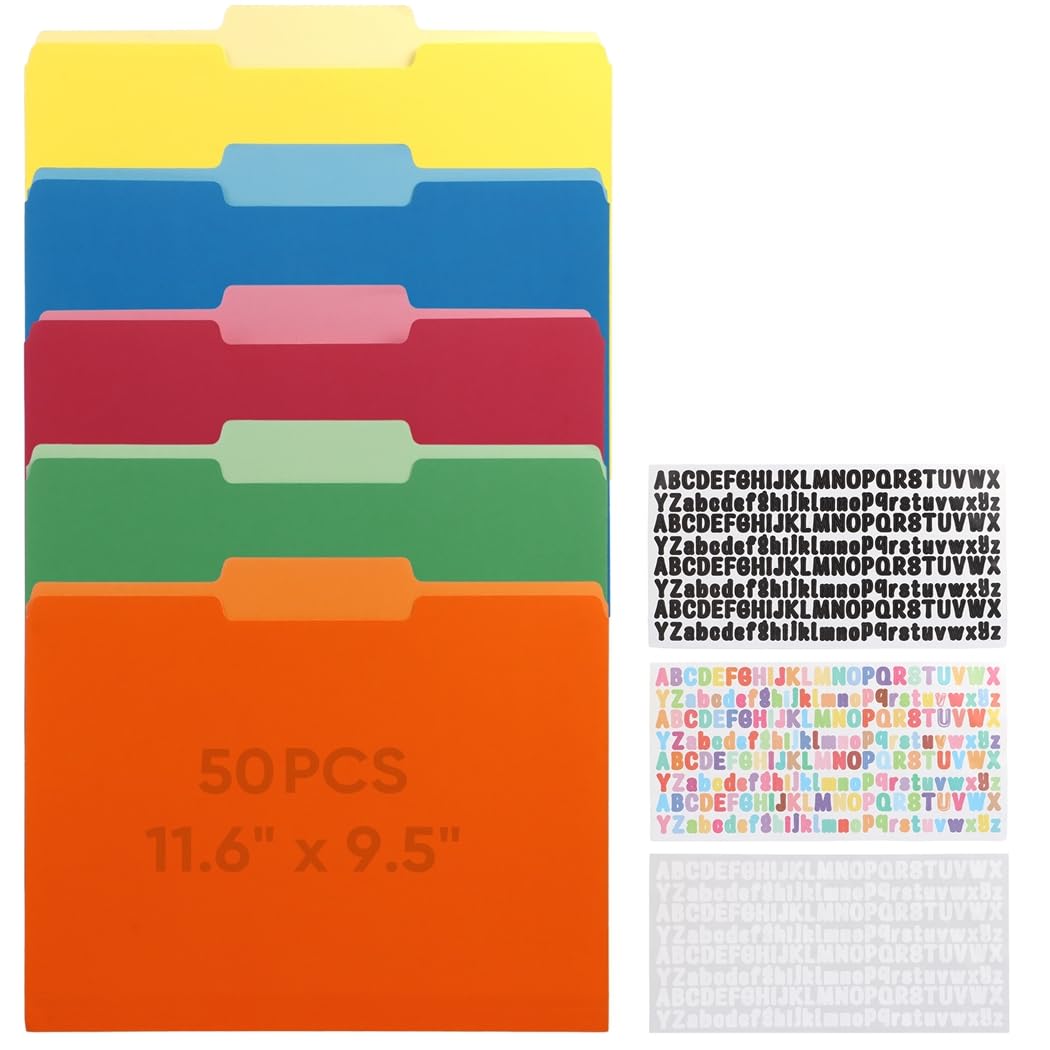Lot de 50 chemises de classement à languette de fin, 3 languettes auto-adhésives, guides de fichiers 11,6 x 9,5 pouces, 5 couleurs, organisateurs de dossiers pour usage bureau à domicile