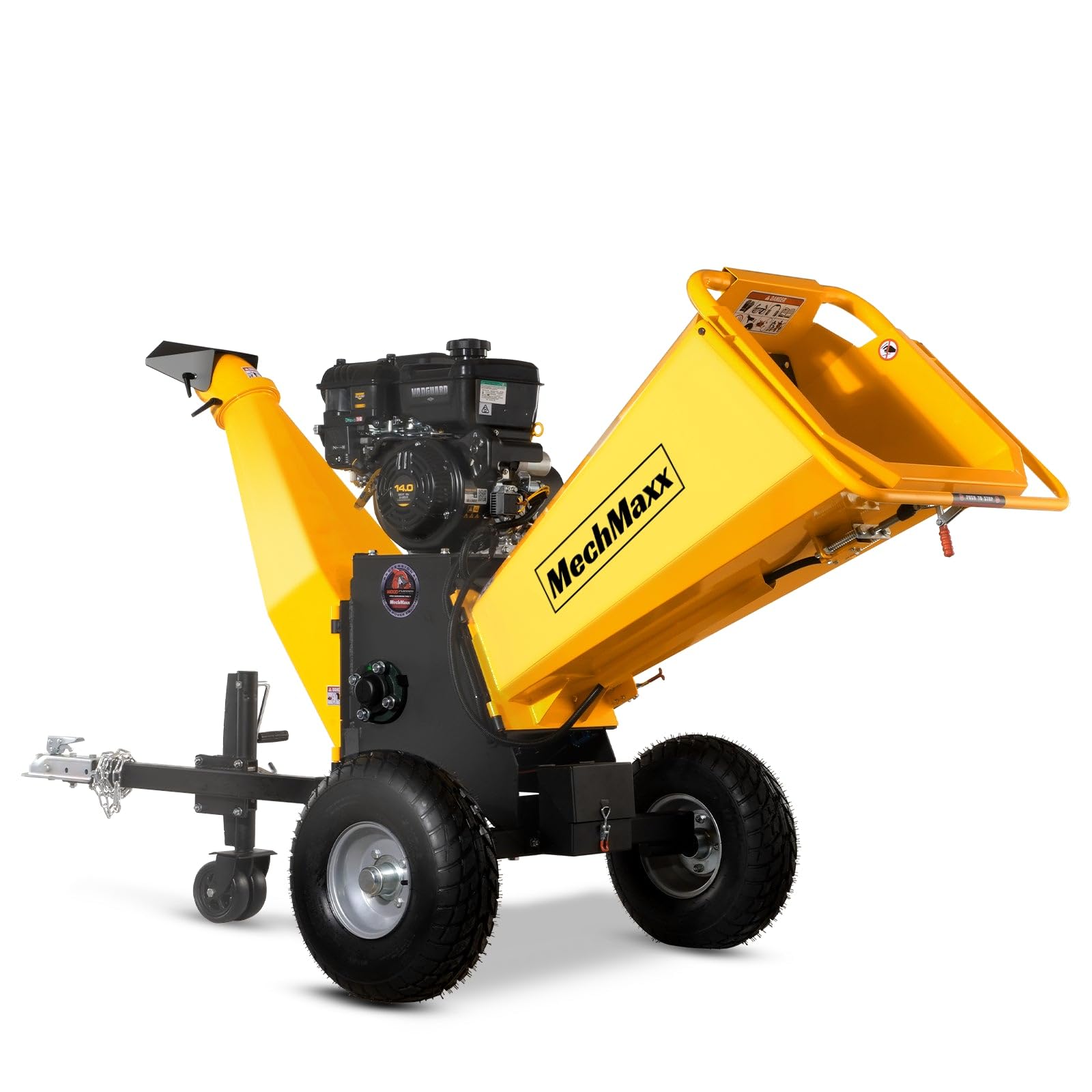 MechMaxx 6 inch B&S 408cc 14hp Gas Powered Wood Chipper Shredder Mulcher with Towbar, 6" Max Chipping Diameter Capacity,with Emergency Stop Button&Stop Bar,Model P4206 Yellow