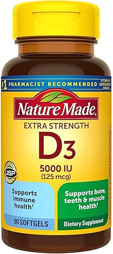 Nature Made Vitamina D3 extra fuerte 5000 UI (125 mcg), suplemento dietético, 90 cápsulas blandas (paquete de 1)