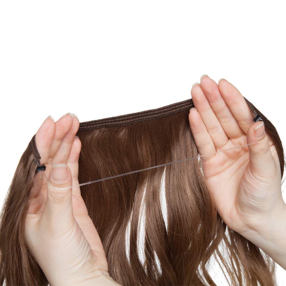 Hairro 20 Inch Long Hidden Wire Hair Extensions Ombre Synthetic Hair Invisible Headband Line in Hairpieces No Glue No Clips 3/4 Full Head Wavy with Miracle Fish Line 8H27 Brown to Blonde