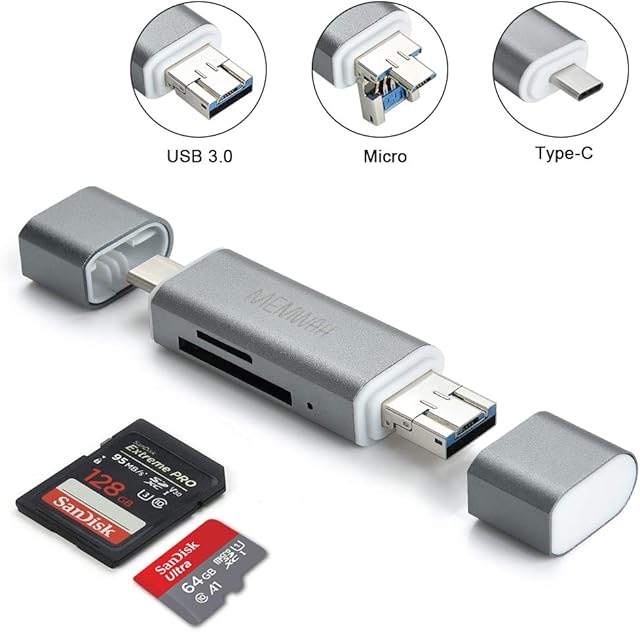 Memwah USB 3.0 SD Card Reader 3-in-1 OTG Card Reader USB 3.0 - Type-C / USB 3.0 / Micro USB Adapter for SD, SDHC, SDXC, Micro SD, Micro SDHC, Micro SDXC Macbook PC Tablets Smartphones OTG Function