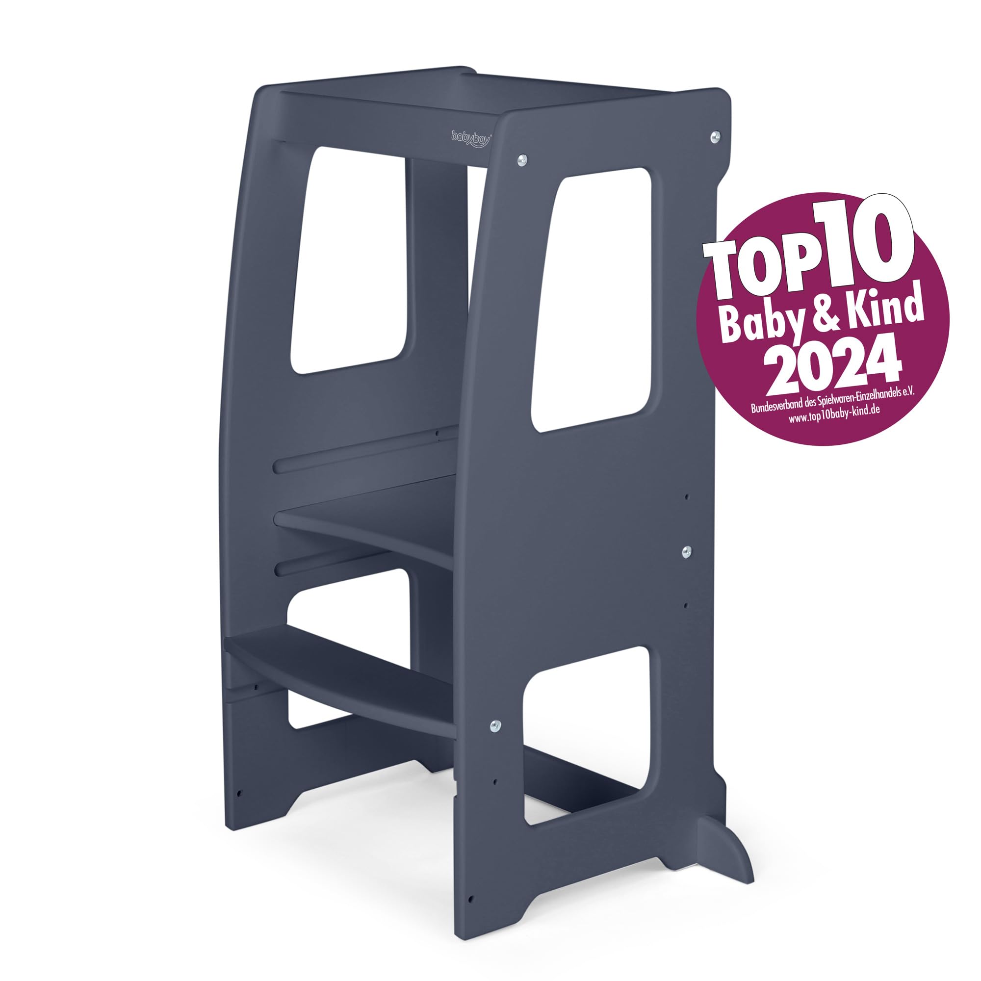 babybay Lernturm Littlefoot, maximale Kippsicherheit durch massives Buchenholz, Förderung der Motorik, dreifach höhenverstellbar, ergonomischer Einstieg, Aussparung für Küchengriffe, grau lackiert