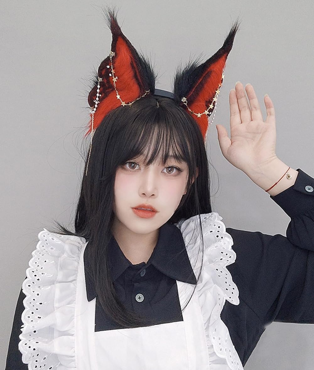 Plush Fox Cat Ear Headwear with Gold Chain Trim Electric Moving Ear Headpiece Animal Ears Headband for Party
