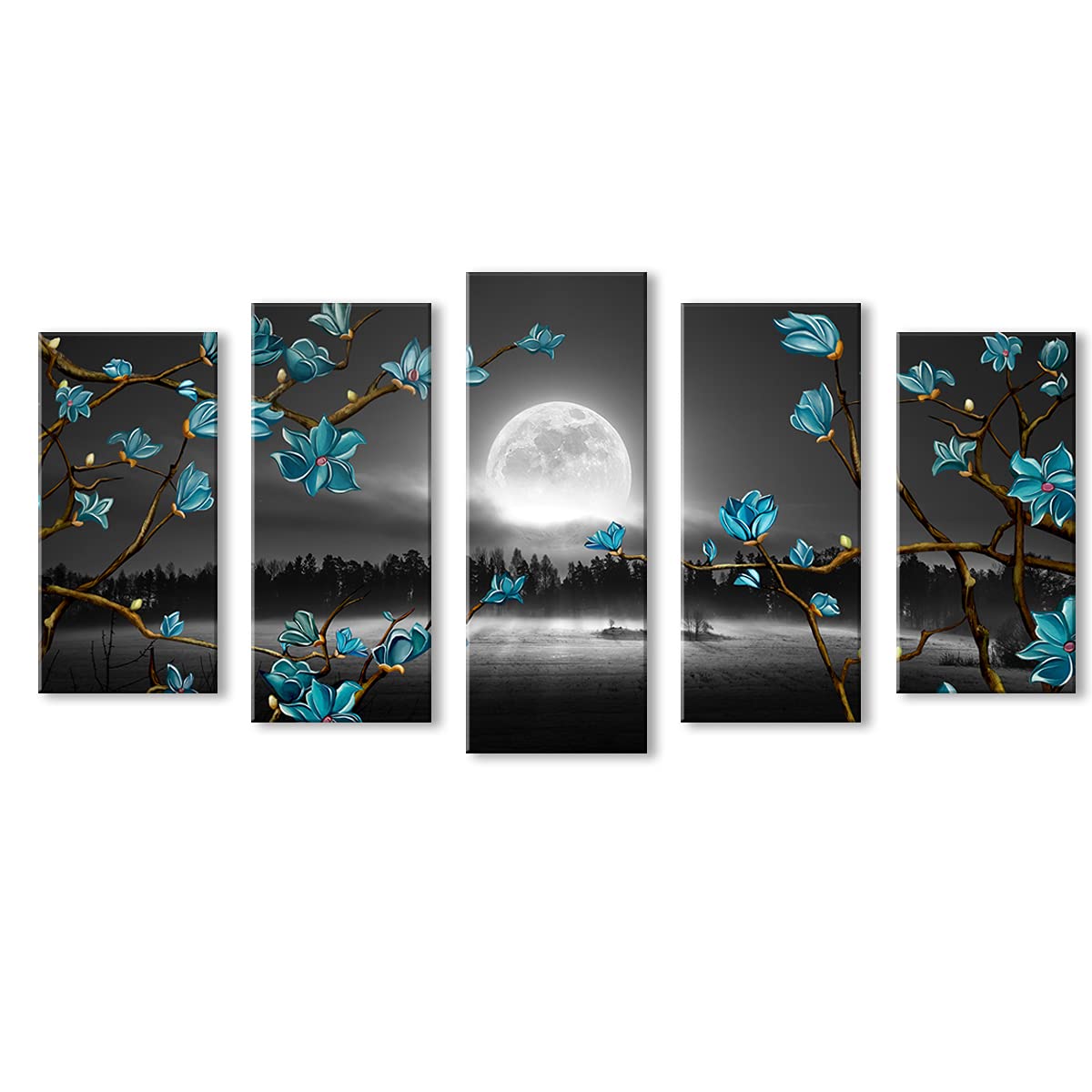 Kalormore Large 5 Pieces Nature Landscape Canvas Wall Art Blue Turquoise Magnolia Black and White Full Moon Painting Picture Giclee Prints Gallery Wrapped Artwork for Living Room Bedroom Home Office