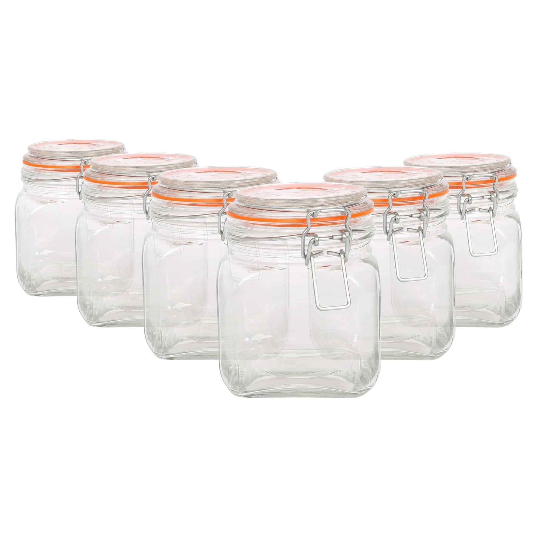Argon Tableware 760ml Square Glass Jars with Clip-top Lids - 6pc Airtight Kitchen Mason Jar Food Storage Preserving Container for Pickling, Chutney, Jam, Coffee, Oats