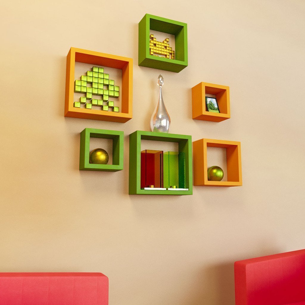 Woodopia Decor MDF Wall Shelf Square Shape Floating Wall Shelves Frames and Accents, Black, Floating Square Wall Shelves Nested Cubes (Green and Orange)