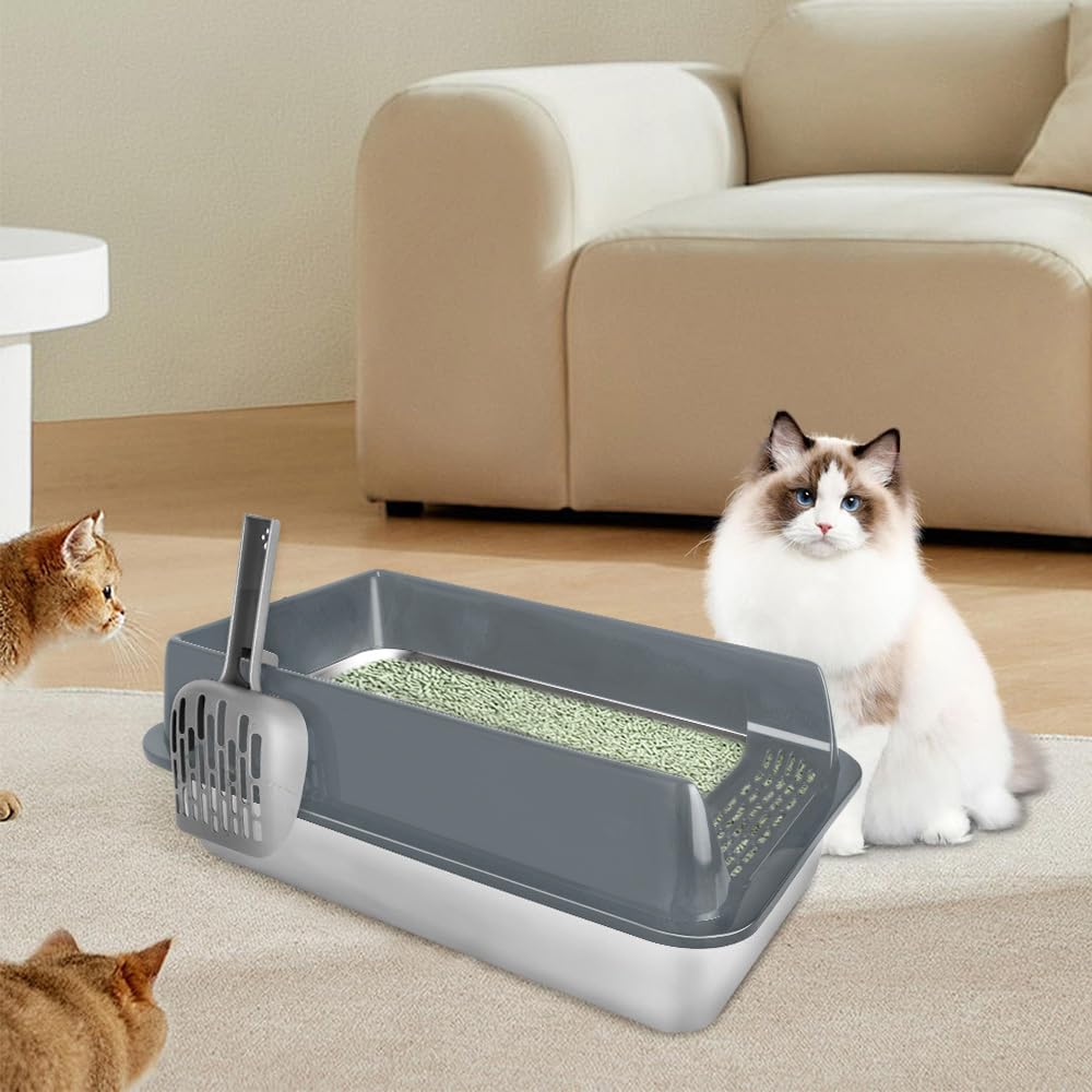 Bac Litiere pour Chat,Grande Litière en Acier Inoxydable pour Chat XXL et Lapins, n'absorbe Pas Les odeurs,Anti-Taches, antirouille, Surface Lisse antiadhésive,avec Pelle (Gris-50 * 35 * 24cm)