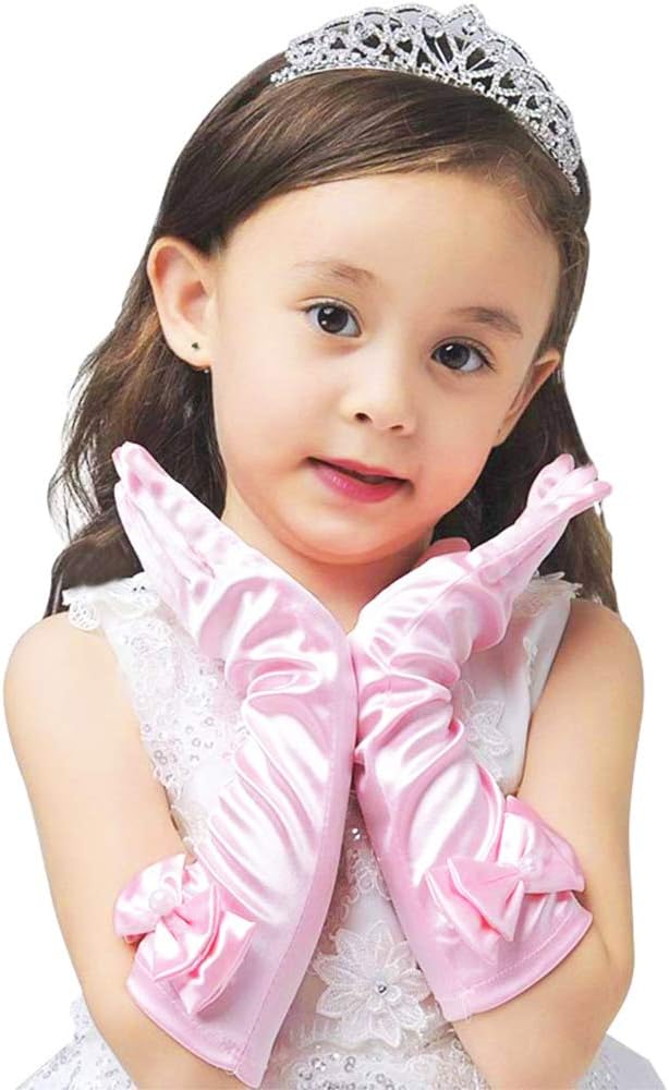 AUHOKY 4 Pairs Little Girls Long Princess Costume Formal Bows Glove, Age 3-8