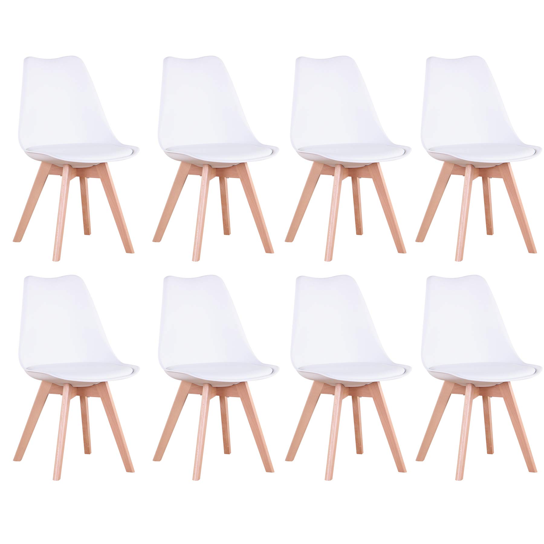 Set di 8 Sedie da Pranzo con Seduta Imbottita e Gambe in Legno di Faggio, ideali per Sala da Pranzo, Cucina, Soggiorno, Camera da Letto, Colore: Bianco