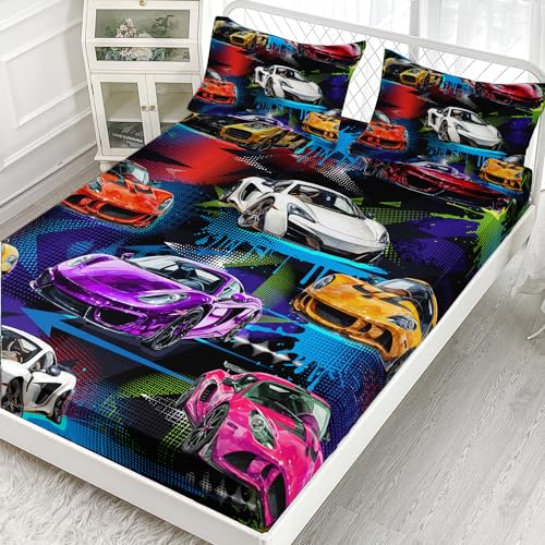 AILONEN Racing Car Fitted Sheet for Kids Boys Teens Full Size, Extreme Sports Bedding Sets,Cool Speed Race Bed Sheet Set,Colorful Car Theme BedSheets Set,1 Fitted Sheet 2 Pillowcases,3 PCS