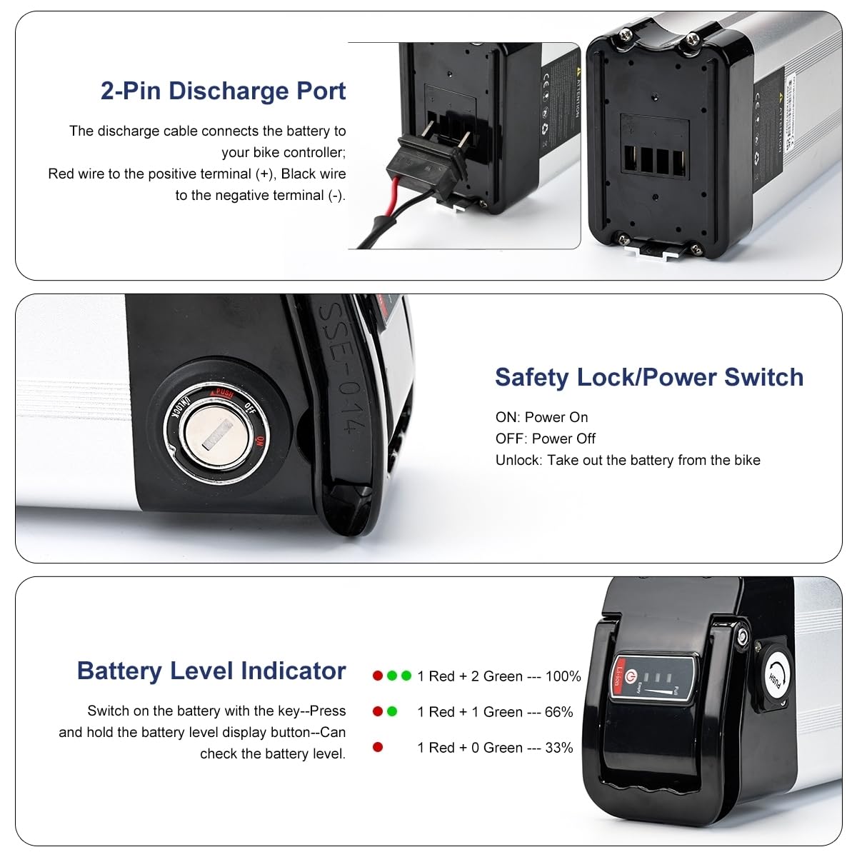Batteria Ebike 36V 15AH, Batteria Litio Bici Elettrica per 200W-250W Motore Bicicletta, con Porta Scarico 2 Pin, Caricatore 42V, Serratura Sicura, BMS e Maniglia Portatile
