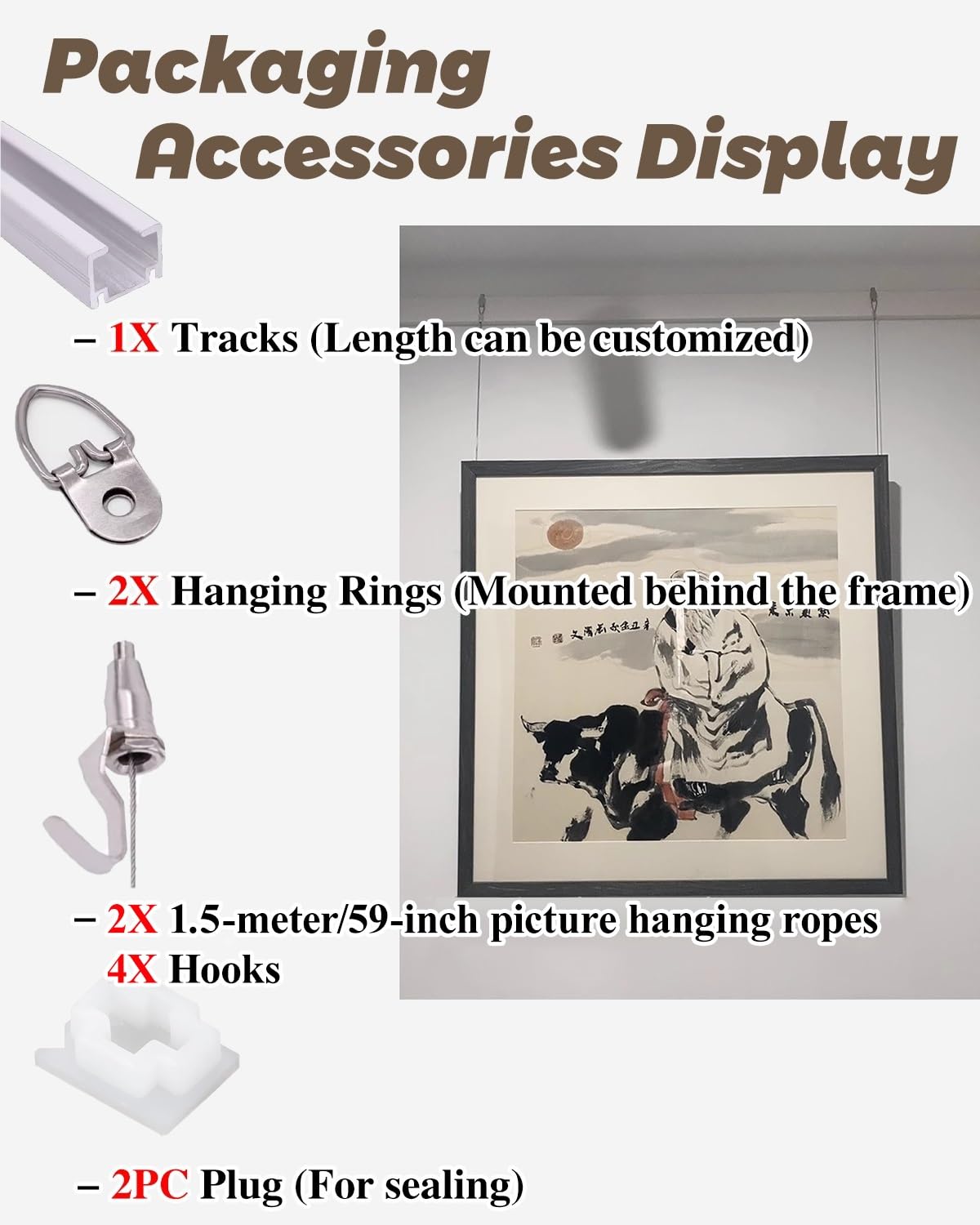 Colgar Cuadros Cables Largos de Acero con 4 Ganchos para Colgar Cuadros, Riel para Exhibir Obras de Arte con Cables Ajustables, Riel Decorativo Vertical para Galerías de Arte(Black,34"/86cm Track)