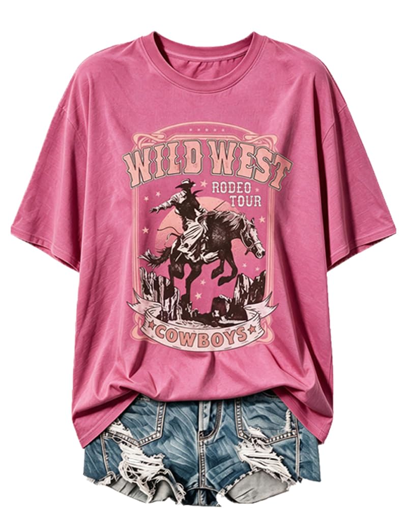 Oversized Wild West Cowboys T-Shirt for Women Vintage Country Music Tee Western Rodeo Gra…