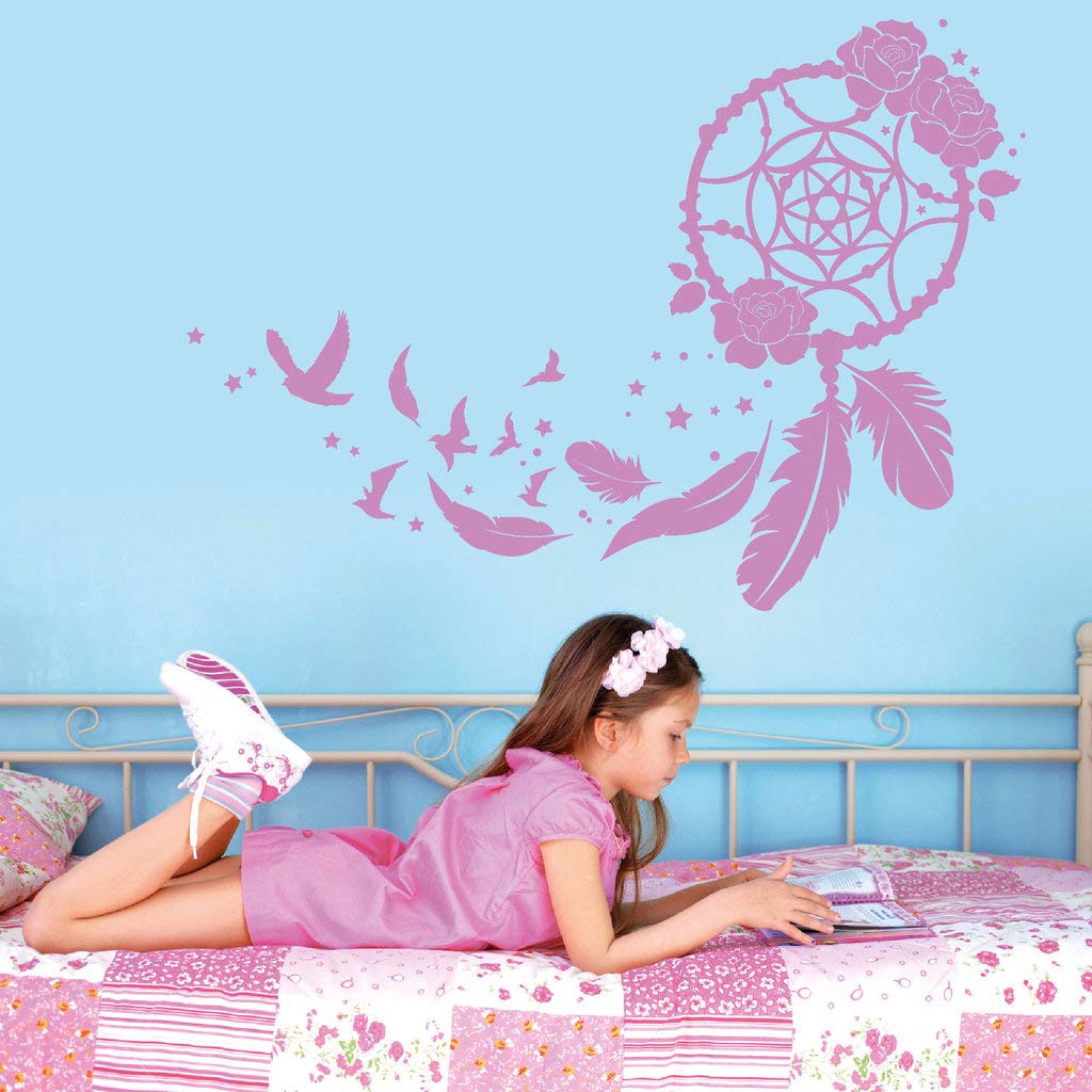 Wandtattoo Traumfänger mit Rosen, Vögeln und Federn/lavendel / 115 cm hoch x 163 cm breit