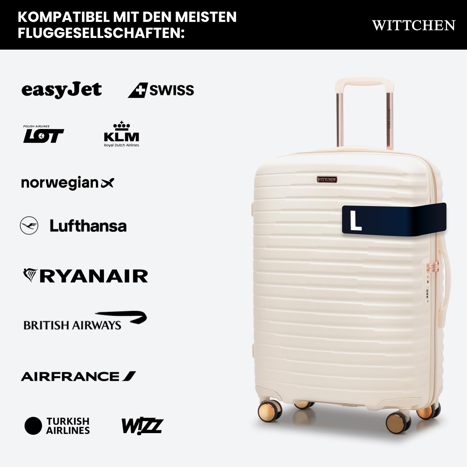 WITTCHEN Motion Line Mittelgroßer Koffer leichtes Reisegepäck Hartschale Polycarbonat TSA-Schloss Teleskopgriff 4 Doppelrollen 360° Größe L Creme-Gold