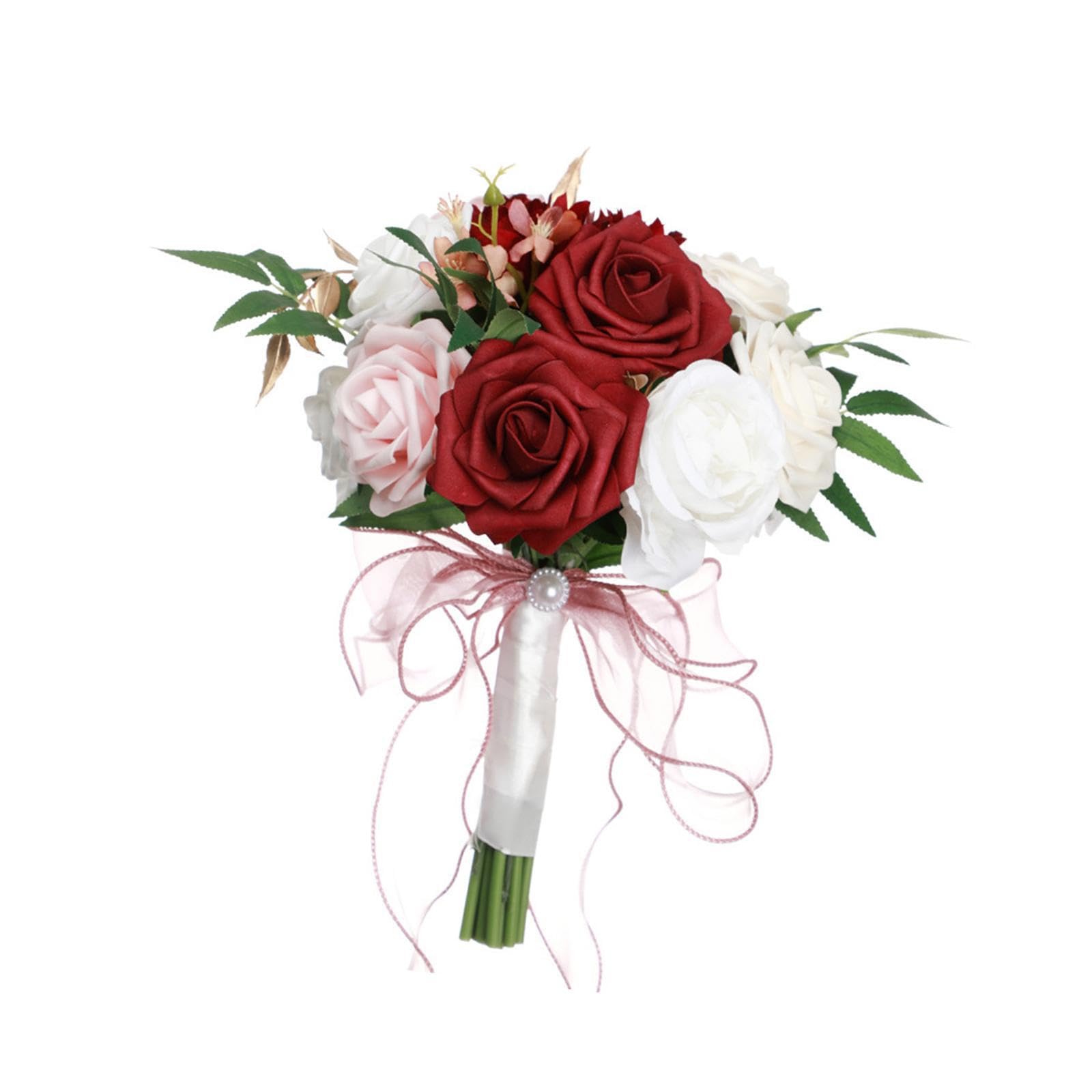 AMSLSIU Elegant Wedding Bridal Bouquets Holder Artificial Flowers Stunning Silk Hand Flower Bride Bouquet Bridal Bouquet Made Of Plastic Durable Church, Red White, 29x22cm