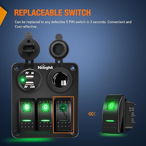 Miniatura 6 de Nilight Paquete de 3 interruptores basculantes con calcomanías de brillo nocturno para bricolaje, encendido y apagado de 5 pines SPST, interruptores
