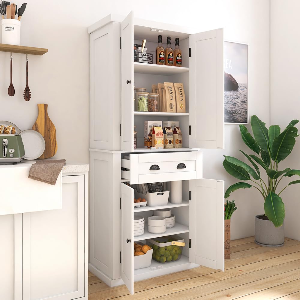 (SIMILAR ITEM) BOX 1 OF 2 Tall Kitchen Pantry with Doors and Adjustable Shelves for Dining Room Living Room, Storage Cabinet with Drawers, Freestanding Cupboard, Kitchen Hutch with Microwave Stand (30" Width White)