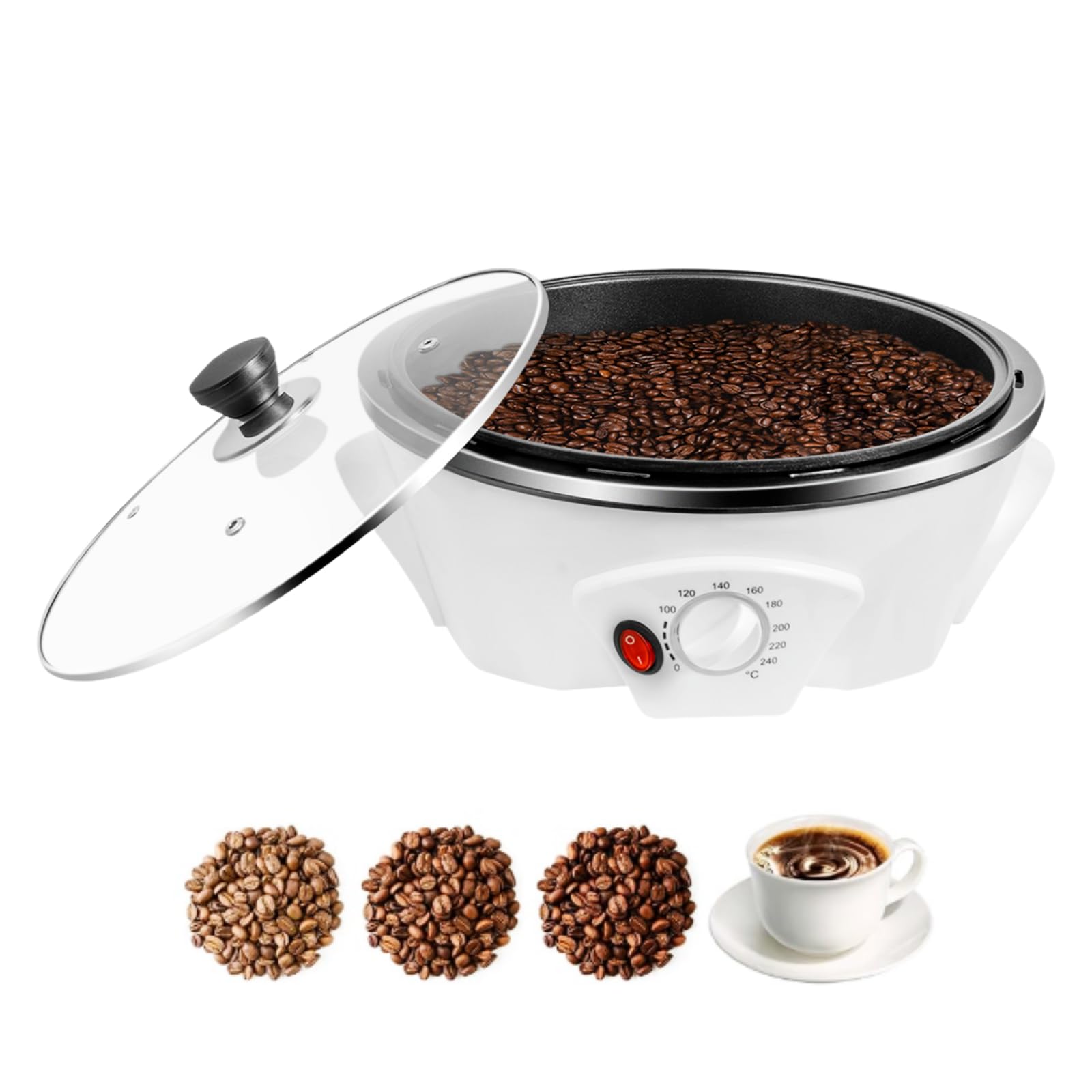 Tostapane per caffè elettrico, 1200 W, 500 g, con regolazione della temperatura di 0-240 °C, Stir Bar, copertura in vetro, chicchi di caffè, per arachidi, semi di melone