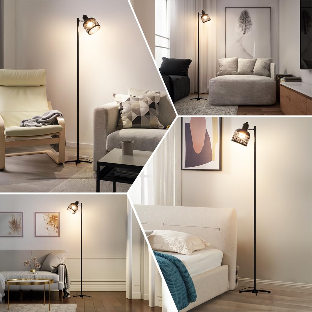 Lámpara de Pie de Hierro Negro de 58,7", 3 temperaturas de Color, ángulo Ajustable, lámpara de Poste Alto, Luces de esquina para Sala de estar Interior con interruptor táctil, casquillo E27