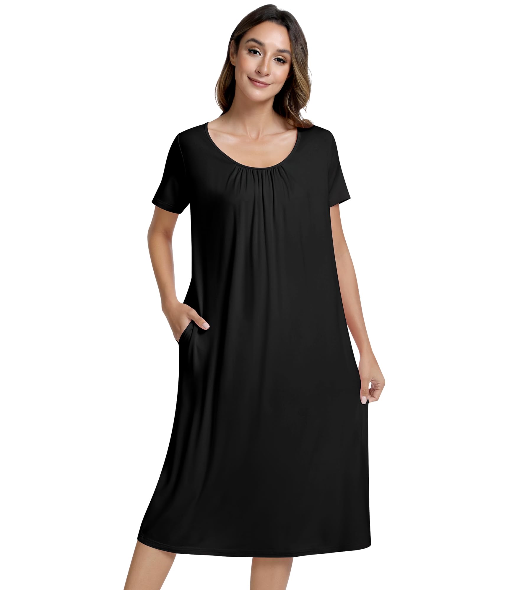 NACHILA Women's Nightgowns-Viscose Made from Bamboo,Short Sleeve Nightshirt Soft Sleep Shirts Cool Sleep Dress with Pockets