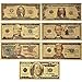 SOHODECO 7 pcs Gold Foil Dollar Bills, 1 $2 $5 $10 $20 $50 $100 Gold Dollar Bills USD Money