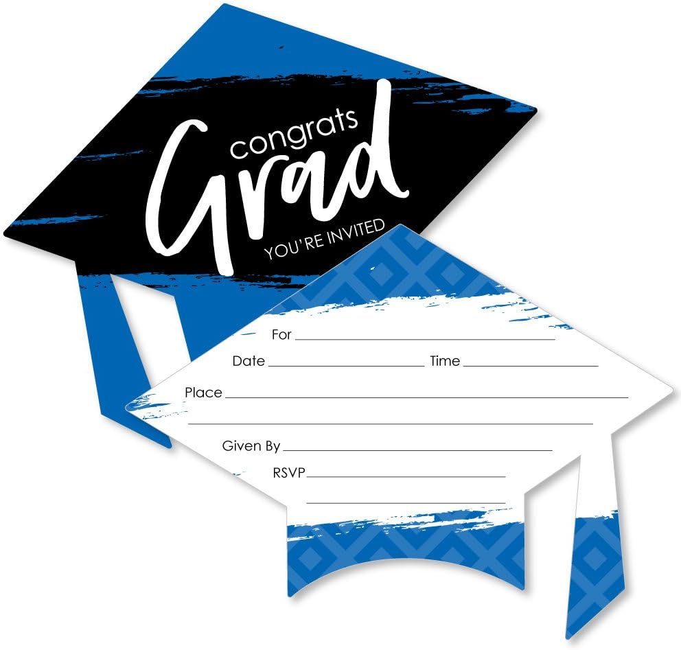 Big Dot of Happiness Blue Graduation Party Invitations - Shaped Fill-In Invite Cards with Envelopes - Set of 12