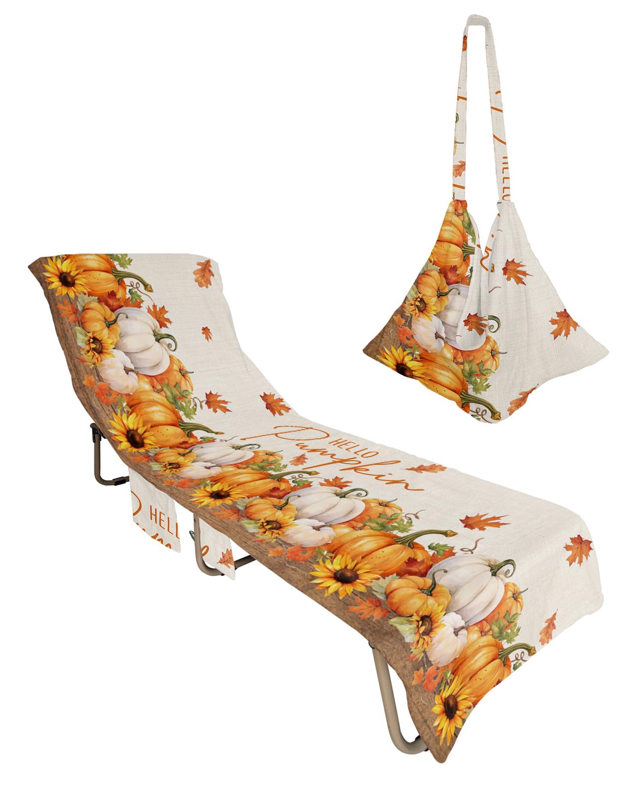 Hello Pumpkins Beach Lounge Chair Towel Cover, Soft Chaise Lounge Towel with Side Pockets Patio Pool Chairs Cover for Beach/Pool Sunbathing 29x85 Thanksgiving Fall Pumpkins Maple Leaf